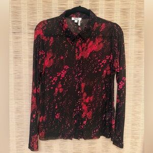 DKNY Sheer Button-Down Shirt With Red & Black Abstract Print Sz L